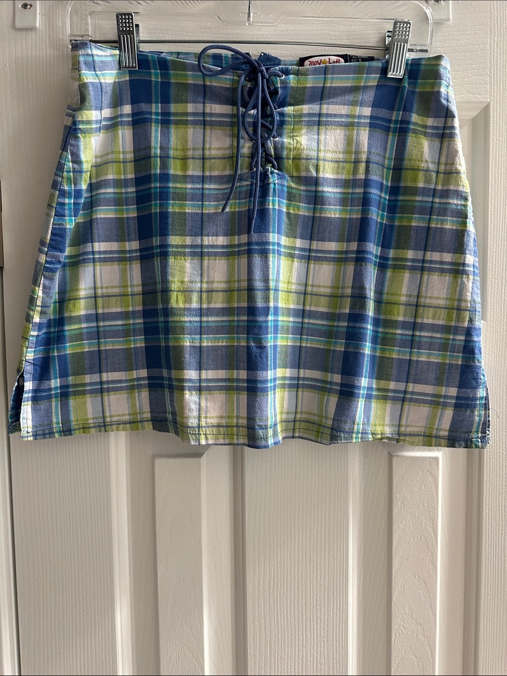 Y2K 2000s Plaid Lace-Up Mini Skirt Blue & Green S Retro School Girl Preppy